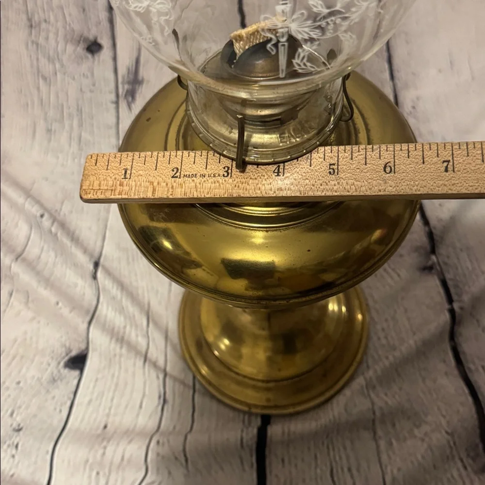VTG Metal Oil Lamp, Glass Chimney Etching of Torches & Laurel Wreaths in white